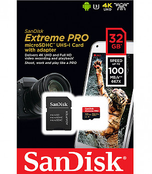 SANDISK Extreme Pro microSDHC 32GB + SD Adapter + Rescue Pro Deluxe 100MB/s A1 C10 V30 UHS-I U3 mälukaart