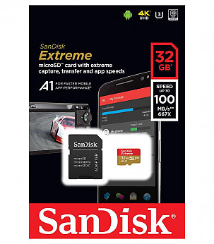 SANDISK Extreme microSDHC 32GB + SD Adapter + Rescue Pro Deluxe 100MB/s A1 C10 V30 UHS-I U3 mälukaart
